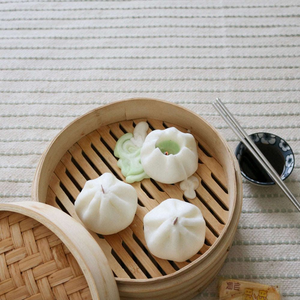 Handmade bao bun soy candle with matcha green center by Lumpy Studios, Philadelphia